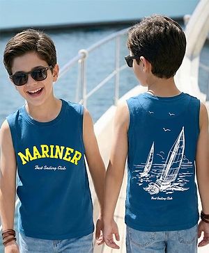 Pine Kids Cotton Knit Sleeveless Tank T-Shirt with Text Print - Navy Blue