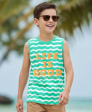 Pine Kids Cotton Knit Sleeveless Tank T-Shirt Beach Theme Print - Sea Green