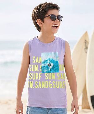 Pine Kids Cotton Knit Sleeveless Tank T-Shirt with Beach Theme Print - Lilac