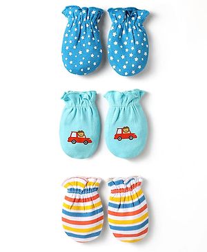 Babyhug 100% Cotton Interlock Knit Mittens With Stripes & Animal Print Pack Of 3 - Blue yellow & Light Blue
