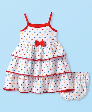 Babyhug Cotton Knit Singlet Sleeves Dress With Bow Polka Dot Print & Bloomer - White