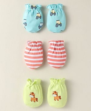 Babyhug 100% Cotton Interlock Knit Mittens With Stripes & Animal Print Pack Of 3 - Yellow Light Blue & Light Green