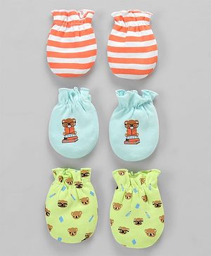 Babyhug 100% Cotton Interlock Knit Mittens With Stripes & Animal Print Pack Of 3 - Light Green Light Blue & Orange