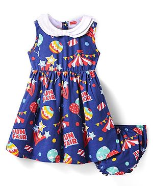 Babyhug Cotton Knit Sleeveless Frock & Bloomer with Fun Fair Print & Frill Detailing -  Navy Blue