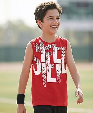 Pine Kids Cotton Knit Sleeveless Tank T-Shirt with Text Print - Red