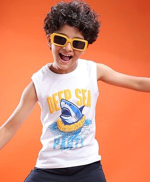 Pine Kids Cotton Knit Sleeveless T-Shirt with Text Print - White