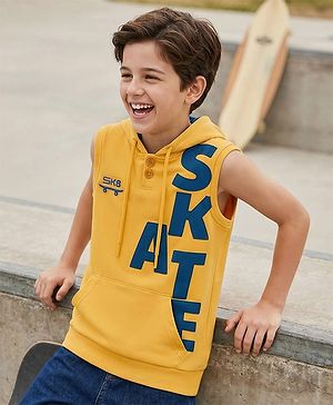 Pine Kids Cotton Knit Sleeves Hooded T-Shirt with Text Patch Detailing & Kangaroo Pocket - Yellow