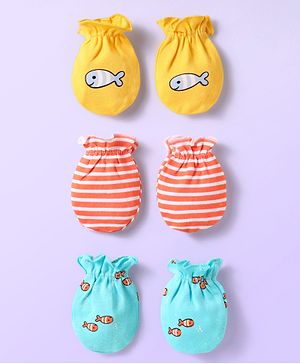 Babyhug 100% Cotton Interlock Knit Mittens With Fish & Stripes Print Pack Of 3 - Yellow Orange & Light Blue