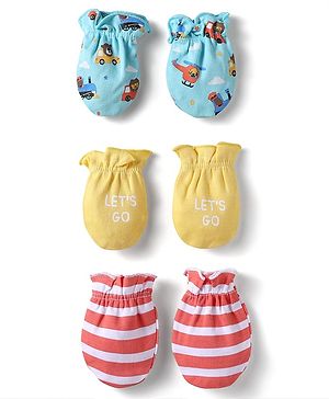 Babyhug 100% Cotton Mittens With Vehicles Text Print & Stripes Pack of 3 - Light Blue Red & Yellow