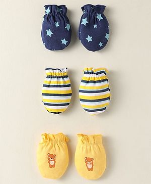 Babyhug 100% Cotton Interlock Knit Mittens With Stripes & Star Print Pack Of 3 - Navy Blue & Yellow