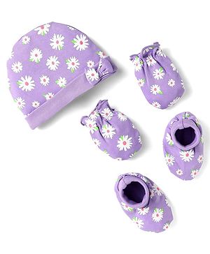 Babyhug 100% Cotton Knit Cap Mittens & Booties Set with Floral Print Purple - Diameter 10 cm