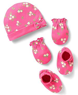 Babyhug 100% Cotton Interlock Knit Cap Mittens & Booties With Floral Print - Pink