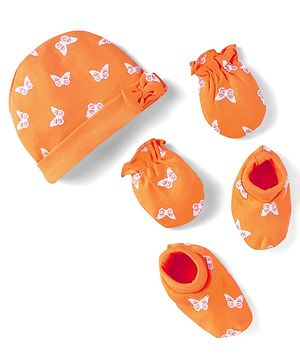 Babyhug 100% Cotton Knit Cap Mittens & Booties With Butterfly Print & Bow Applique  Orange - Diameter 11.5