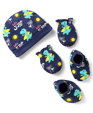 Babyhug 100% Cotton Interlock Knit Cap Mittens & Booties Set With Surf Print - Navy Blue
