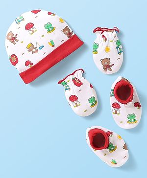 Babyhug 100% Cotton Interlock Knit Cap Mittens & Booties Set With Bear Print White - Diameter 10 Cm