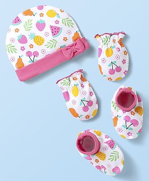 Babyhug 100% Cotton Knit Cap Mittens & Booties With Floral & Fruit Print & Bow Applique White - Diameter 10 Cm