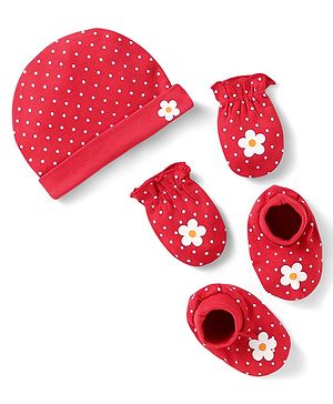 Babyhug 100% Cotton Knit Cap Mittens & Booties With Polka Dot & Floral Print Red - Diameter 10