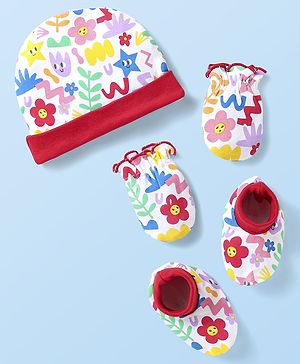 Babyhug 100% Cotton Knit Cap Mittens & Booties With Floral Print White - Diameter 10cm