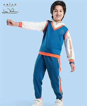 Arias Cotton Loop Knit Full Sleeves Hooded Sweatshirt & Joggers Set With Text Print - Blue & White