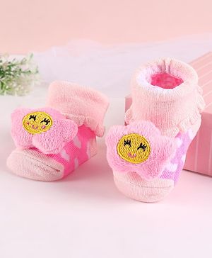 Cute Walk by Babyhug Sock Shoes with Flower Applique - Pink