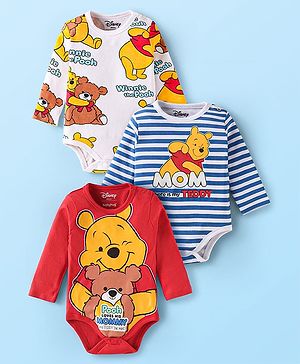 Babyhug Disney Interlock Knit Half Sleeves Winnie The Pooh Printed Onesies Pack of 3 - Red White & Blue