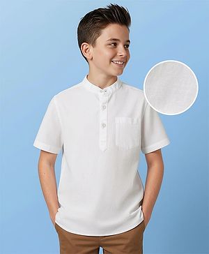 Pine Kids Linen Woven Half Sleeves Solid Colour Shirt With Mandarin Collar - White