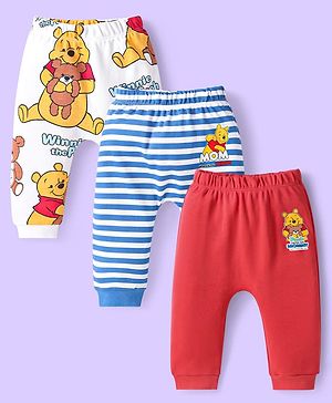 Babyhug Disney Interlock Knit Full Length Diaper Leggings Striped & Winnie The Pooh Print Pack Of 3 - White Red & Light Blue