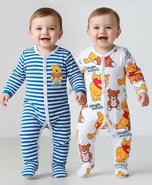 Babyhug Disney Interlock Knit Full Sleeves Footed Sleep Suits With Winnie The Pooh Graphics Pack Of 2 - White & Blue