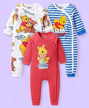 Babyhug Interlock Knit Full Sleeves Front Open Rompers with Winnie the Pooh Graphics & Stripes Pack of 3 - Red White & Blue