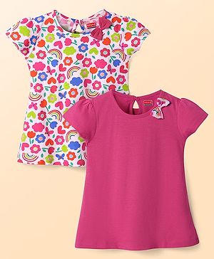 Babyhug Single Jersey Knit Half Sleeves Frock with Floral & Heart Print Bow Applique Pack of 2 - Dark Pink & White