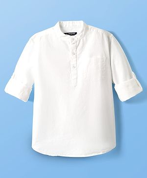 Pine Kids Linen Woven Full Sleeves Solid Colour Shirt With Mandarin Collar - White