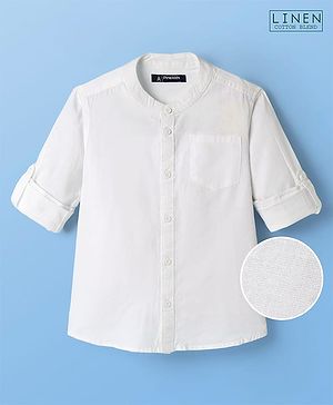 Pine Kids Linen Woven Mandarin Collar Solid Colour Shirt - White