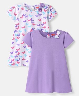 Babyhug Single Jersey Knit Half Sleeves Frock With Butterfly Print & Bow Applique Pack Of 2 -  Purple & White
