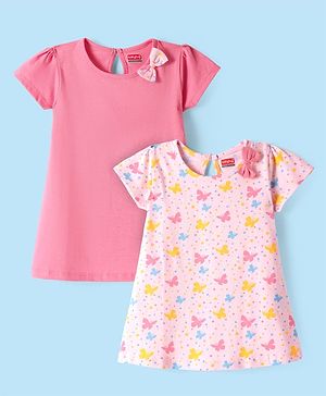 Babyhug Single Jersey Knit Half Sleeves Solid & Butterfly Printed Dresses With Bow Applique Pack of 2 - Dark & Light Pink