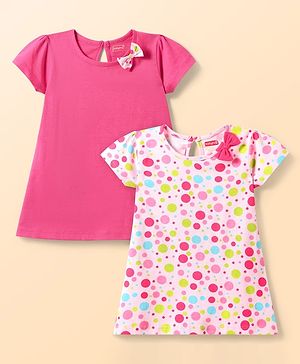 Babyhug Single Jersey Knit Half Sleeves Solid & Polka Dot Printed Dresses With Bow Applique Pack of 2 - Dark & Light Pink