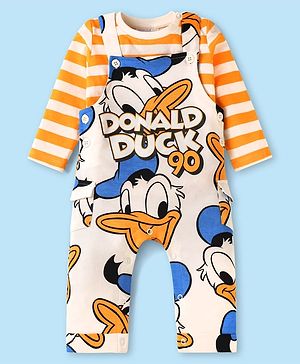 Babyhug Disney Single Jersey Knit Full Sleeves Striped T-Shirt & Dungaree Set with Donald Duck Graphics - Cream