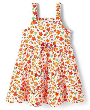 Babyhug Single Jersey Knit Sleeveless Tiered Frock with Floral Print & Bow Applique - White