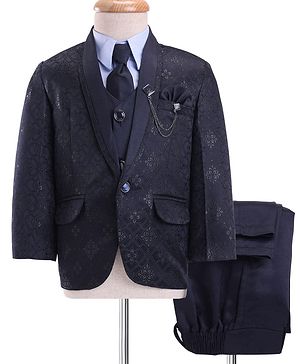 Rikidoos Full Sleeves Abstract Printed Textured 4 Piece Party Suit With Tie - Navy Blue