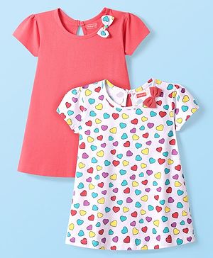 Babyhug Single Jersey Knit Half Sleeves Solid & Heart Printed Dresses With Bow Applique Pack of 2 - White & Dark Pink