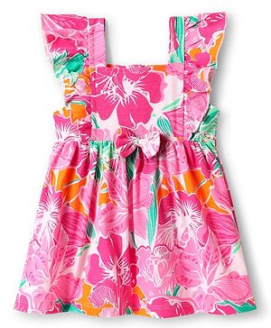 Babyhug Single Jersey Knit Sleeveless Frock with Floral Print & Bow Applique - Pink