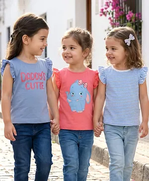 Babyhug Cotton Knit Frill Sleeves
                              T-Shirts with Stripes & Daddy's Cutie
                              Text Print Pack Of 3 - Violet Pink &
                              Blue