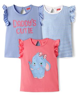 Babyhug Cotton Knit Frill Sleeves T-Shirts with Stripes & Daddy's Cutie Text Print Pack Of 3 - Violet Pink & Blue