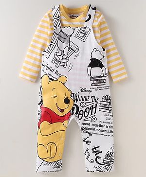 Babyhug Disney Single Jersey Knit Dungaree & Full Sleeves Striped T-Shirt With Winnie The Pooh Graphics - White & Yellow