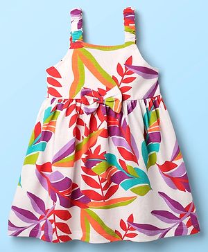 Babyhug Single Jersey Knit Sleeveless Frock with Tropical Print & Bow Applique - White