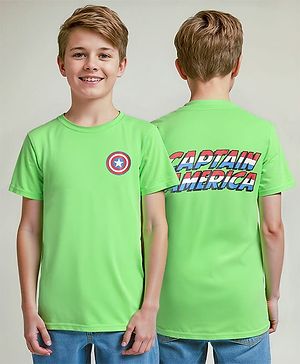 Pine Kids Marvel Single Jersey Knit Half Sleeves Drop Shoulder T-Shirt With Captain America Graphic And Badge Detailing - Light Green