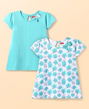 Babyhug Single Jersey Knit Half Sleeves Solid & Floral Printed Dresses With Bow Applique Pack of 2 - Aqua Blue & White