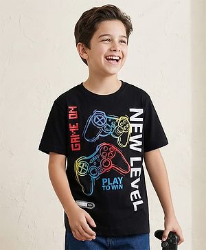 Pine Kids Cotton Knit Half Sleeves T-Shirt with Gaming Print - Black
