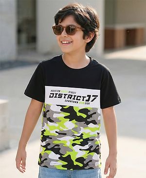 Pine Kids Cotton Knit Half Sleeves Cut & Sew T-Shirt with Text Print - Black