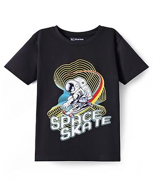Pine Kids Cotton Knit Half Sleeves T-Shirt With Space Skate Text Print - Black