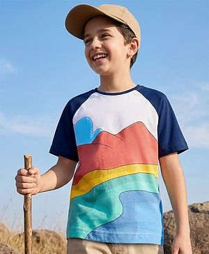 Pine Kids Cotton Knit Half Raglan Sleeves T-Shirt with Mountain Print - White